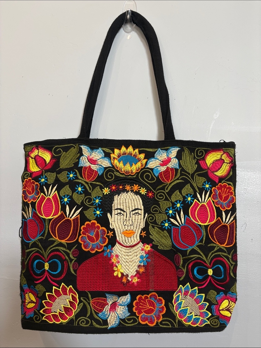 Frida Kahlo Embroidered Floral Black Tote Bag Mexican Folk Art